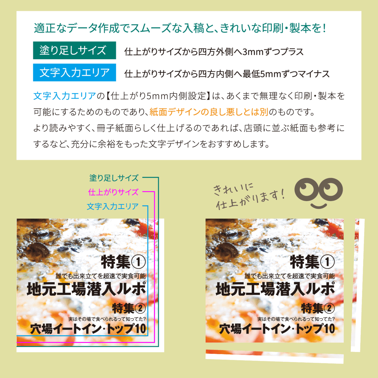 四方のいずれか一方でも、紙端まで色柄があり、余白がないデザインは塗り足しサイズで作成・入稿