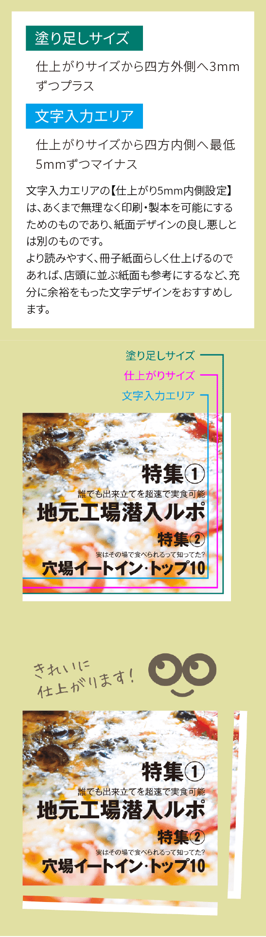 四方のいずれか一方でも、紙端まで色柄があり、余白がないデザインは塗り足しサイズで作成・入稿