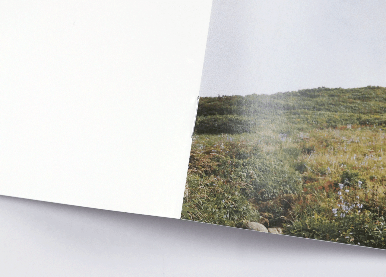 オンデマンド印刷と中綴じ製本で作成した小冊子（ZINE）に使用された針金を拡大した画像です。